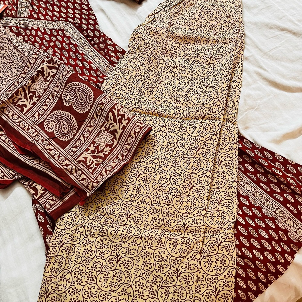 Indo Era Maroon & Beige Printed Anghrakha Kurta with Plazzos & Dupatta - Picture 3 of 14